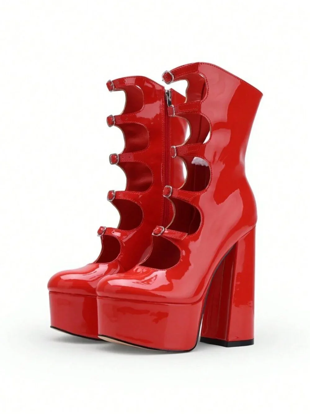 Red Women's Round Toe Cut-Out Platform Chunky Heel Buckle Straps Ankle Boots